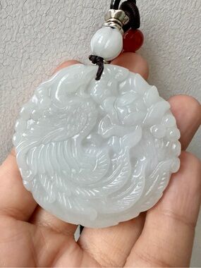 White Double Side Phoenix and Dragon Carved Pendant Necklace 2 inches